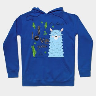 Lama is cute in the Scandinavian style, fashionable, cool, among cacti and mountains. Inscription I love you Hoodie